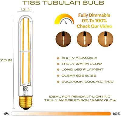 Bec LED T10, bec Edison lung 6w reglabil, 7,3 în stil Tubular, E26 bază medie 2700K, becuri cu tub alb cald, 7,3 în 600lm echivalent