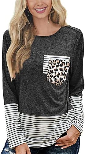 Femei Topuri dungi bluze cu Leopard imprimare buzunar Crewneck Maneca lunga Casual Vrac Premium Pulover