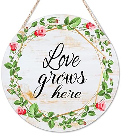 Semn de bun venit Love crește aici semne rotunde din lemn de primăvară cu flori verzi coroană de lemn bloc de lemn placă grădină