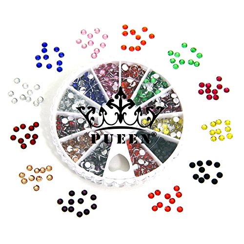 PUEEN 3D Nail Art Wheel of Round Brilliant 14 Cut 3mm - 10ss Restin Rinones Studs în 12 culori pentru telefoane și decorațiuni cu unghii