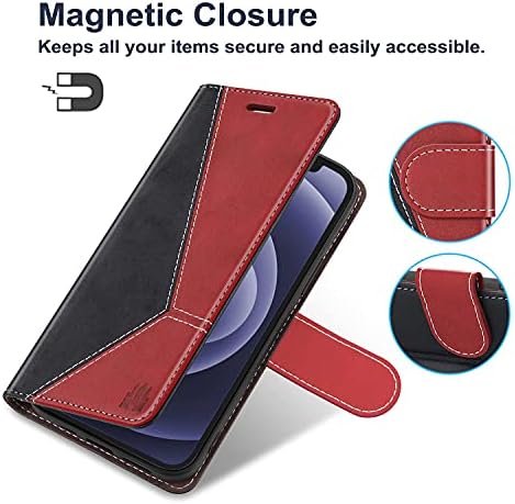 Caislean compatibil cu carcasa portofelului iPhone 13, sloturi pentru suportul cardului de blocare RFID, Folio din piele PU de lux atașat Carcasă TPU rezistentă la șocuri capac Flip cu închidere magnetică cu caracteristică Kickstand 6.1 Inch, roșu