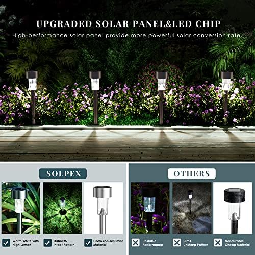 SOLPEX 16 Pack Solar outdoor lights Pathway, lumini solare din oțel inoxidabil impermeabile în aer liber, iluminat peisaj led lumini solare pentru peisaj / terasă / gazon/Curte / alee-Alb Rece