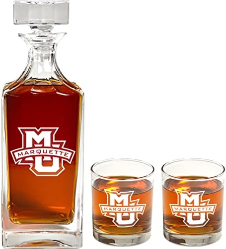 Set de decantoare Marquette, decantor de whisky Marquette & amp; Ochelari-cadou personalizat de absolvire Marquette sau cadou pentru ventilator, Ochelari Rocks cu Logo-ul Marquette pentru casă sau cămin-Marquette Bar Decor