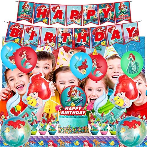 Ariel Little Inspired Mermaid Birthday Party Supplies, inclusiv bannere de ziua de naștere, baloane din folie, baloane din