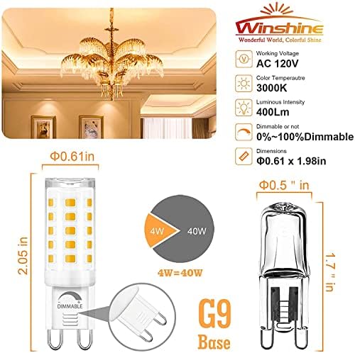 winshine 10 Pack Dimmable G9 LED bec 3000k alb cald, 4W G9 base candelabru bec moale alb, T4 40watt halogen înlocuire G9 Bi